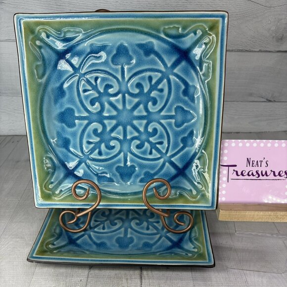 Roscher LORELEI BLUE Aqua Green Scrolls Crackle Design Square Dinner Plate Set 2 - Picture 1 of 14